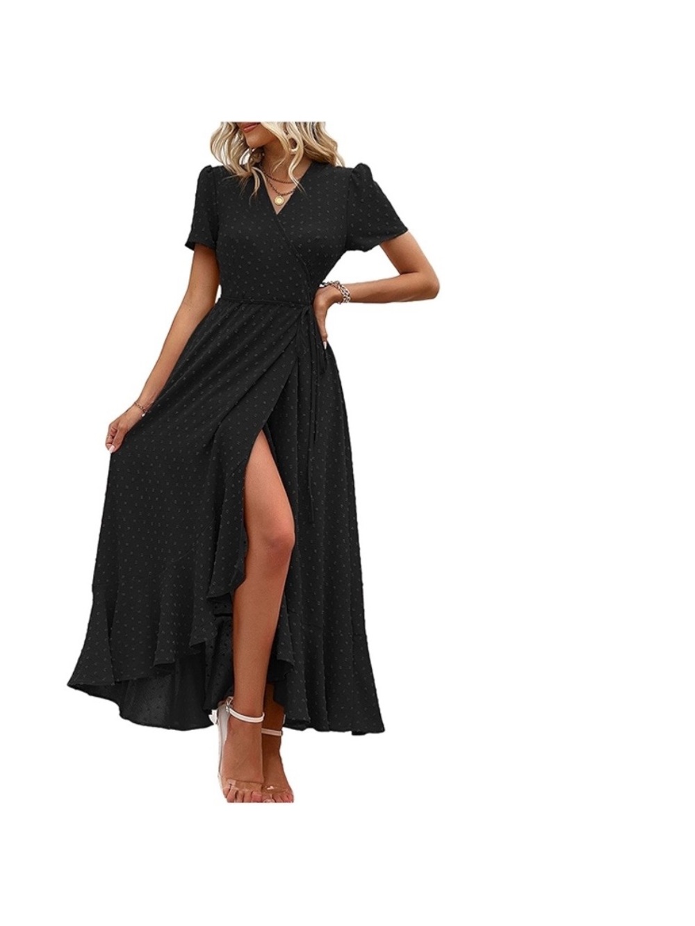 Women’s Black Wrap Maxi Dress with Short Sleeves and Side Slit